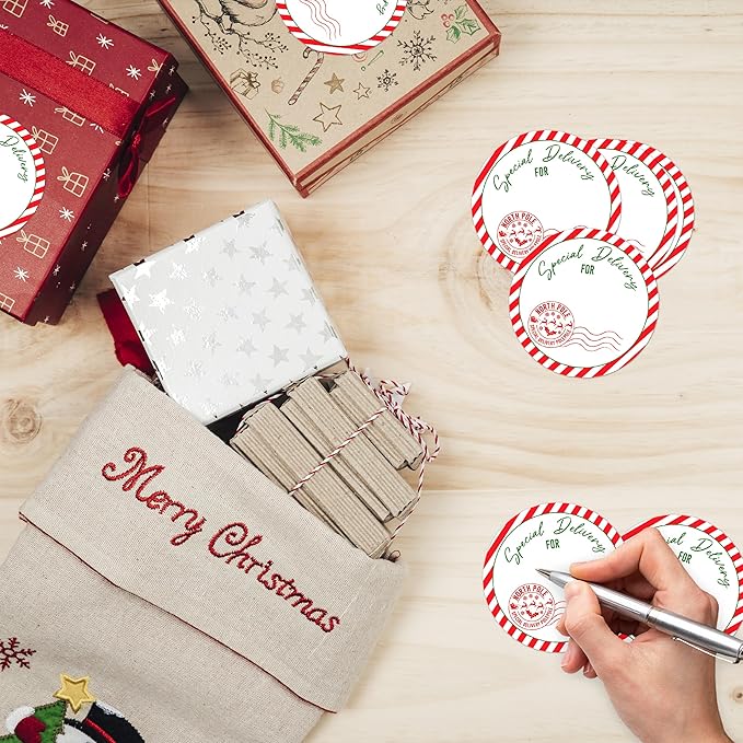Christmas Gifts Tags Stickers from Santa, 30 Pcs North Pole Christmas Name Tags for Gifts, 2.5x2.5 Inch Holiday Presents Sticker Labels, Festive Chrismas Name Tag for Gift Wrapping Bags-D08