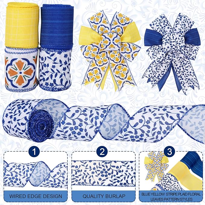 Boho Wired Edge Ribbon Blue Yellow Stripe Plaid Floral Leaves Fabric Craft Ribbon for Wedding Birthday Bridal Shower Wreath Bow Making, 4 Rolls, 24 Yards