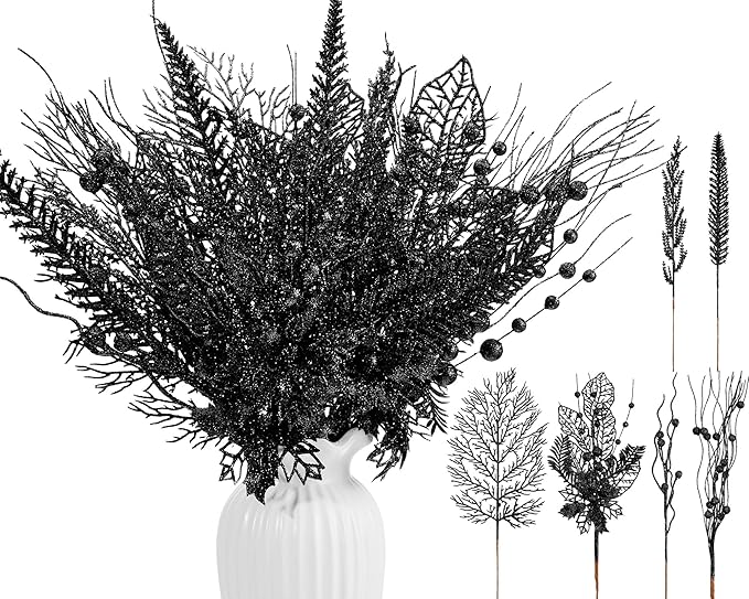 30 Pcs Artificial Christmas Tree Picks and Sprays Glitter Berry Stem Branches Holly Floral Picks Twigs Christmas Tree Ornaments for DIY Xmas Wreath Vase Filler Decorations(Black)
