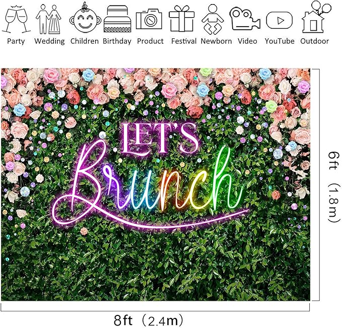 Riyidecor Green Leaves Let's Brunch Backdrop Polyester Fabric Neon Rainbow Pink Floral 8Wx6H Feet Rustic Greenery Photography Background Grass Lawn Women Brunch Party Photo Studio Shoot