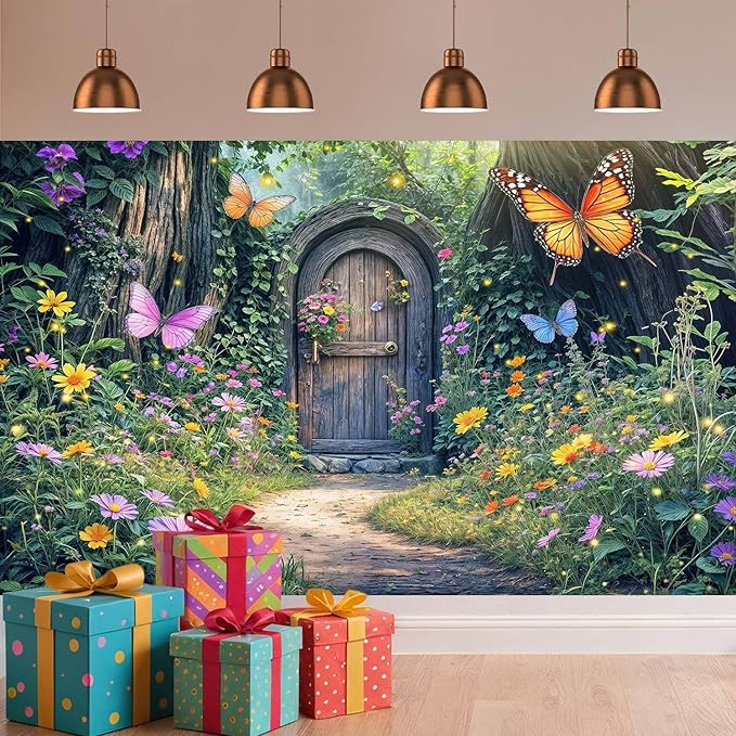 20X10ft Enchanted Forest Backdrop Fairy Enchanted Wonderland Garden Wooden Door Floral Butterfly Photography Background for Kids Girls Baby Shower Birthday Party Decoration Banner Booth Props