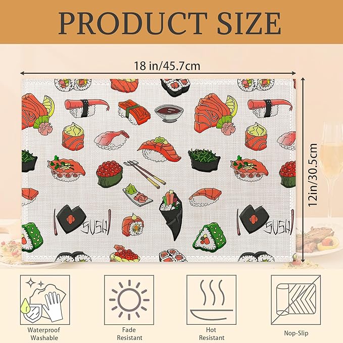 Japaness Sushi Cute Placemats Set of 6 Washable Table Mats for Kitchen Dining Table,Heat-Resistant Place Mats for Indoor Outdoor Party Holiday Decoration