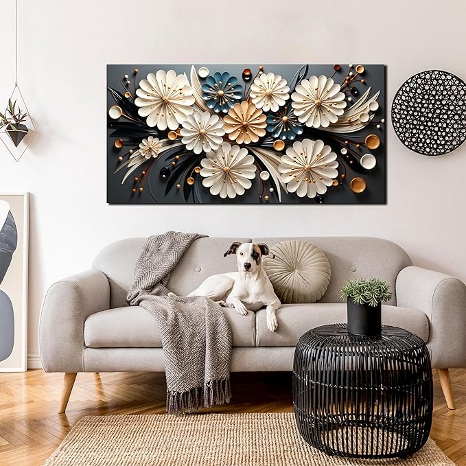 Large Wall Art for Living Room Bedroom Home Office Gold Flower Pictures Wall Art Modern Floral Artwork Framed Wall Decor Canvas Prints 24x48 In