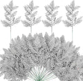 Watayo 45 Pcs Glitter Artificial Pine Needles- 10.6" Fake Foliage Pine Stems Picks- Silver Leaves Artificial Flowers Picks for Christmas DIY Garland Wreath Home Garden Decoration