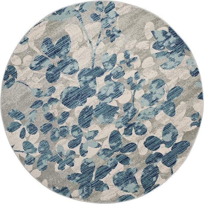SAFAVIEH Evoke Collection 6'7" Round Grey/Light Blue EVK236J Floral Non-Shedding Dining Room Entryway Foyer Living Room Bedroom Area Rug