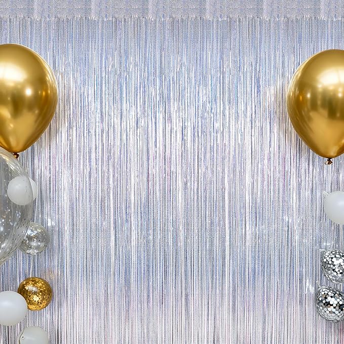 4 Pack New Year Party Fringe Backdrop, 3.28 FT x 7.05 FT Glitter Silver Tinsel Curtains, Metallic Foil Streamer Disco Fringe Backdrop Party Curtains, Birthday Party Supplies Disco Decorations