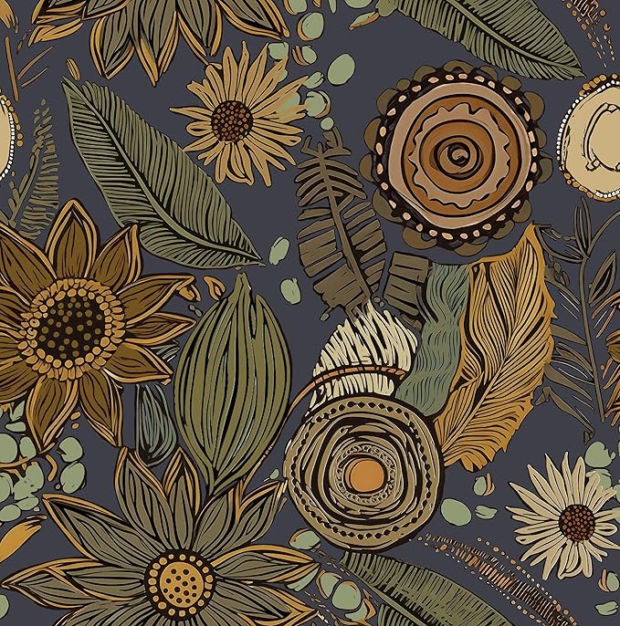 Boho Wallpaper Peel and Stick, Vintage Blue Yellow Floral Contact Paper, Botanical Flowers Antique Retro Wall Paper 17.5" x 118" Self Adhesive Removable Waterproof for Walls Shelves Cabinet Table