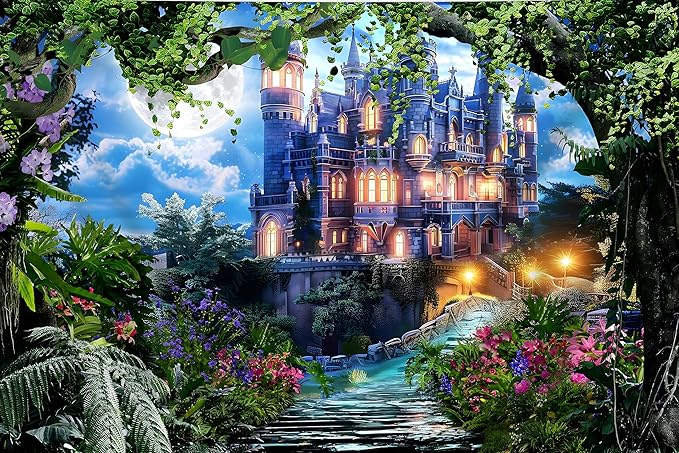 12x8ft Spring Fantasy Castle Palace Backdrop Vinyl Fairy Tale Prince Princess Flower Forest Wonderland Castle Photography Background Girl Home Decor Birthday Party Portrait Photo Props