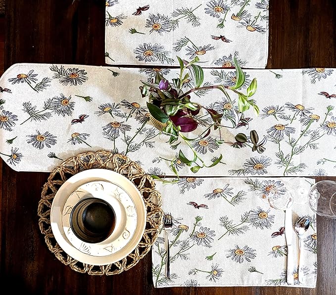 Tache Ivory Floral Table Runner Yellow Daisies Ladybugs Woven - Long Vintage Tapestry Kitchen Dining Dinner Linens Cloth - 13 x 90 inches