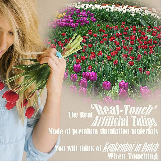 20pcs Artificial Tulip Flowers,16 Inch Real Touch Tulip Stems with Faux Leaves, Faux Tulips and Buds for Home Décor Centerpiece Ornament Wedding Bouquet,Red