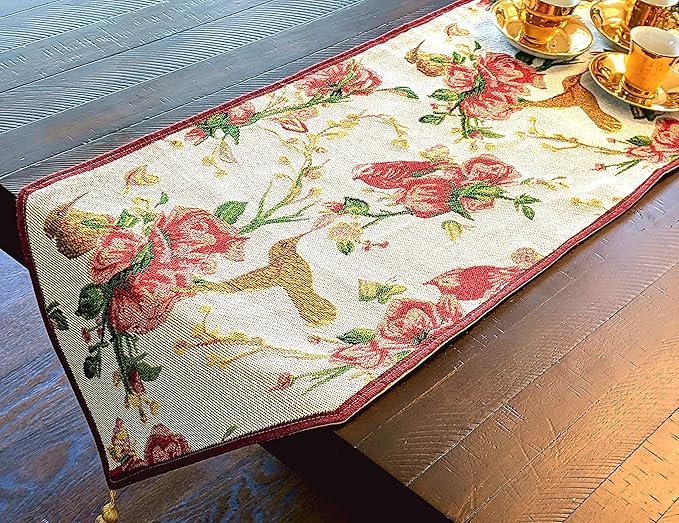 Tache Floral Red Roses Birds Ivory Woven Table Runner - Vintage Tapestry Kitchen Dining Dinner Linens Cloth - 13 x 72 inches
