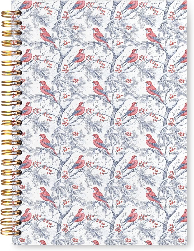 VIIJJUE Blue and White Chinoiserie Christmas Cardinal Notebook Journal, Vintage French Country Toile de Jouy Journal, Xmas Red Cardinal Hardcover Spiral Notebooks, 5.5x8.3 Inch-01