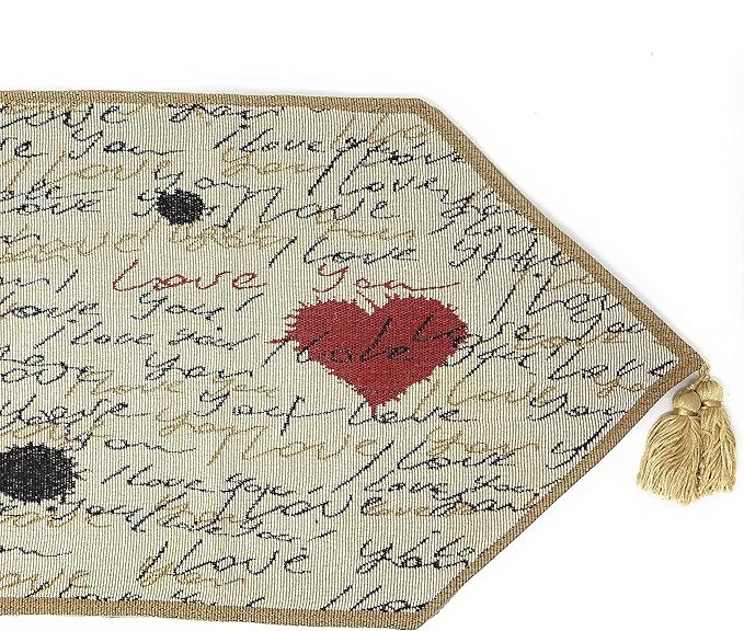 Tache Romantic Cursive Handwritten Love Letter Valentine Hearts Beige Table Runner - Vintage Farmhouse Woven Tapestry Kitchen Dining Dinner Linen Napery Cloth - 13 x 72 inches