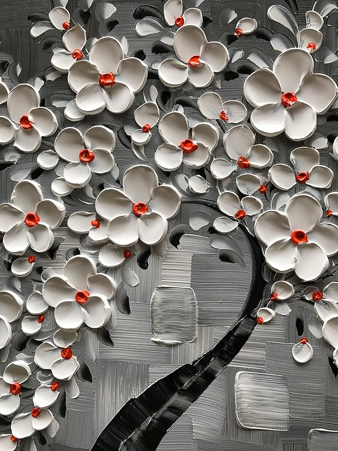 YaSheng Art- 3D White Flowers Oil Paintings on Canvas Thick Texture Black and White Canvas Wall Art HandPainted Abstract Artwork Home Decorations Modern bedroom Dining Room Wall Art Ready to Hang 24x24inch