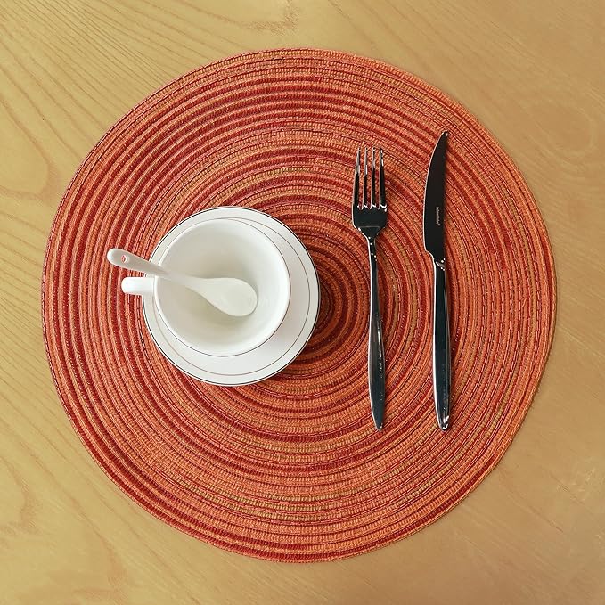 Youyi Better Lifes Round Braided Placemats Set of 6 Colorful Washable Durable Placemats Non-Slip 15 Inch Red-Orange Woven Table Mats for Dining Tables Holiday Party Decoration