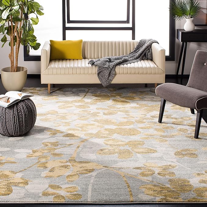 SAFAVIEH Area Rug 8x10 - Evoke Collection - Large - Grey & Gold, Floral Design, Non-Shedding & Easy Cleaning, Ideal for Living Room, Bedroom, Office, Dining Space (EVK236P)