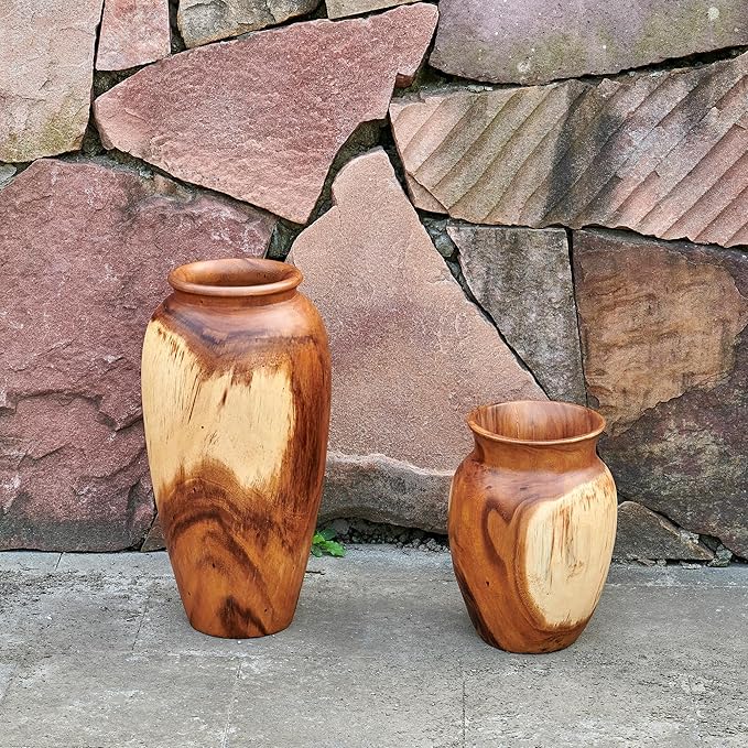 Acacia Wood Vase 7.5" x 7.5" x 11.8" H Handcrafted Natural Brown Wooden Vase Rustic Flower Holder for Entry Table Vintage Artworks Planter for Living Room Home Christmas Décor