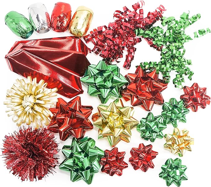 CT CRAFT LLC Gift Bows 22 PCS Set Multi Colored Assorted - Bow x 18 pcs + Kegg Roll x 4 pcs - Red/Gold/Green, Holiday Christmas Birthday Party Wrapping