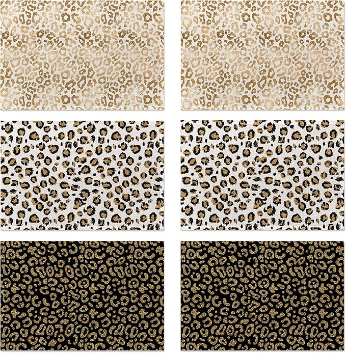 Gold Black Leopard Placemats Set of 6,Washable Heat Resistant 12×18 Inch Linen Table Mats White Gold Place Mats for Party Outdoor Dining Décor