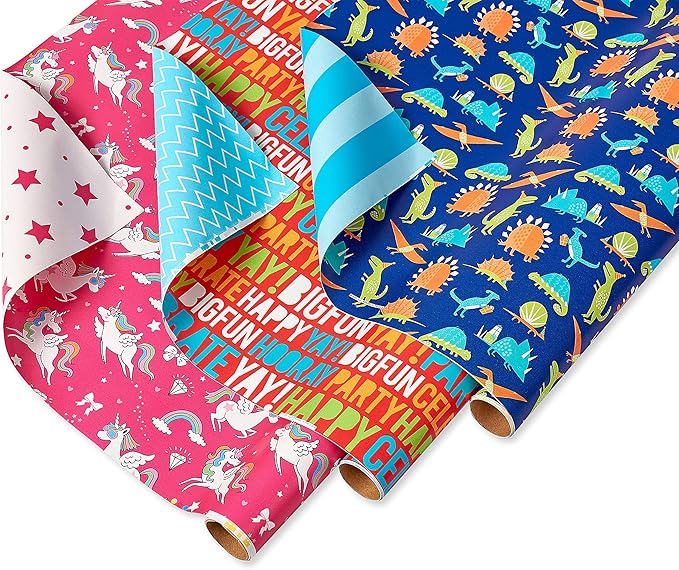 American Greetings Reversible Birthday, Baby, Wedding, and All Occasion Wrapping Paper, Unicorns and Dinosaurs (9 Rolls, 225 sq. ft.)