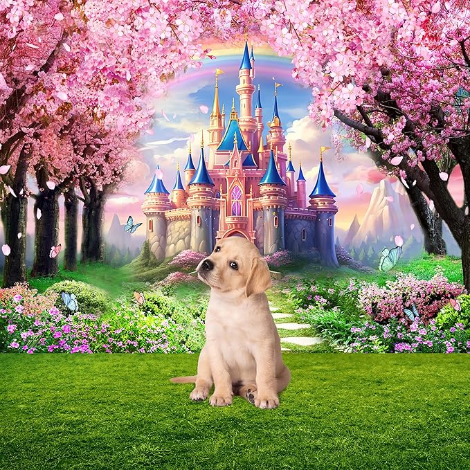 Riyidecor Princess Castle Backdrop Polyester Fabric Pink Sakura Rainbow Flowers Floral Fantasy Fairy Tale Wonderland 8Wx6H Feet Butterfly Photography Background Birthday Wedding Photo Studio Shoot