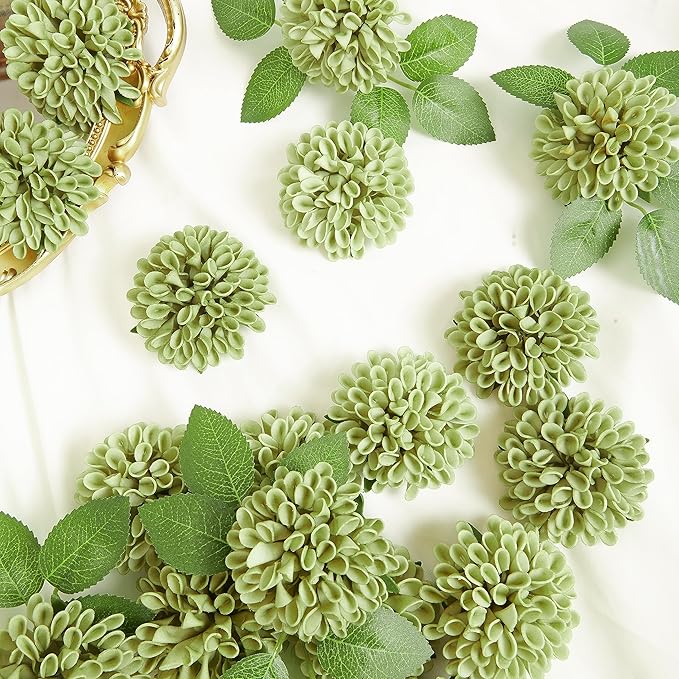 Artificial Flowers, 50pcs Artificial Rose for DIY Wedding Bouquets Centerpieces Arrangements, Elf Green Dahlia Flowers with Stem for Bridal Shower Party Home Decorations