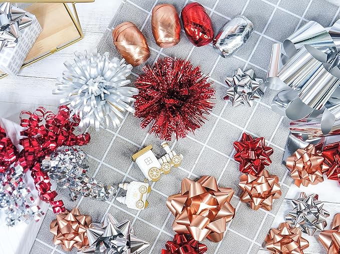 CT CRAFT LLC Gift Bows 22 PCS Set Multi Colored Assorted - Bow x 18 pcs + Kegg Roll x 4 pcs- Silver/Red/Rose Gold, Holiday Christmas Birthday Party Wrapping