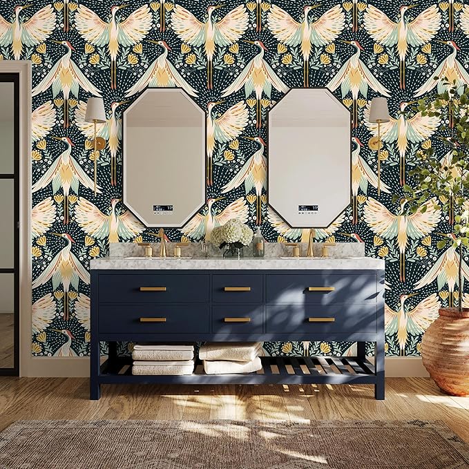 HAOKHOME Crane Wallpaper Peel and Stick Boho Floral Bird Dots Wall Paper Japanese Chinoiserie Dark Green/Beige/Yellow Accent Wall Decor 17.3in x 9.8ft