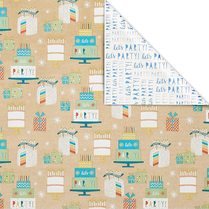 American Greetings 175 sq. ft. Reversible Wrapping Paper for Birthdays and All Occasions, Birthday Cakes and Gifts (1 Roll, 30 in x 70 ft.)
