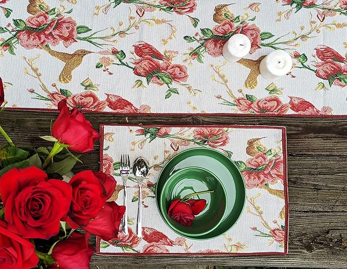 Tache Floral Red Roses Birds Ivory Woven Table Runner - Vintage Tapestry Kitchen Dining Dinner Linens Cloth - 13 x 54 inches