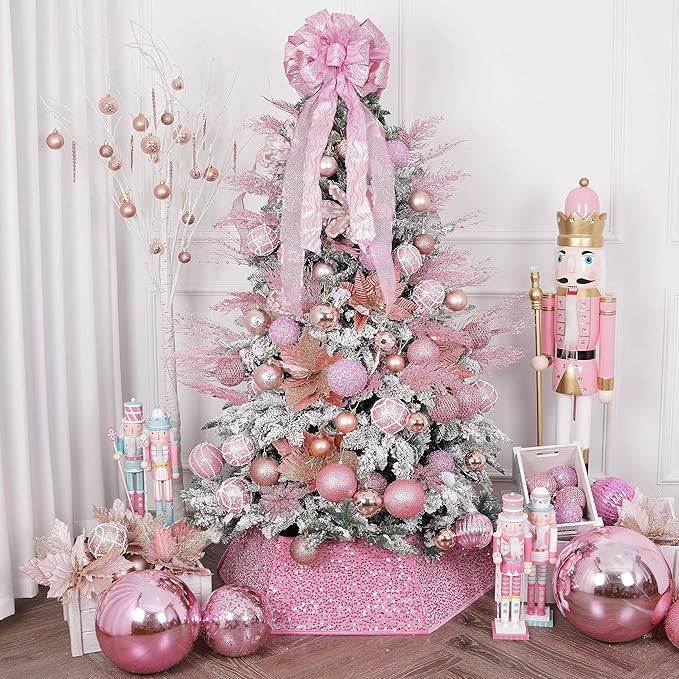 Christmas Glitter Stems 24pcs Artificial Pine Tree Picks for Christmas Tree Ornaments fillers, DIY Xmas Wreath, Crafts, Garland, Holiday, Party, Wedding and Home Decoration (Pink)