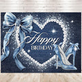 Denim and Diamonds Bow Backdrop 8Wx6H Photography Blue Coquette Silver High Heels Happy Birthday Banner for Women Girls Background Pearl Party Decorations Banner Photo Booth Props Supplies