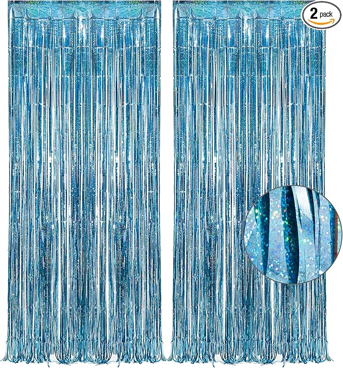 Blue Tinsel Curtain Party Backdrop - GREATRIL Foil Curtain Party Photo Streamers Backdrop for Frozen/Mermaid/Under Sea/Baby Party Decorations - Pack of 2
