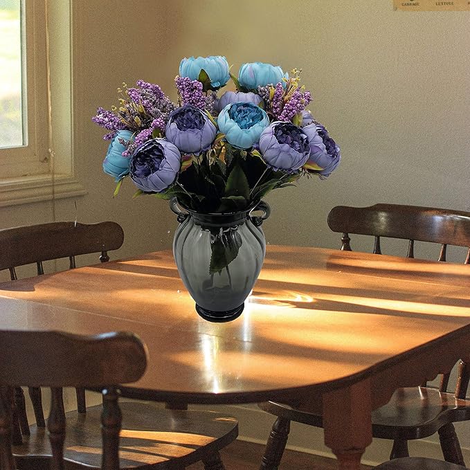 2pcs Artificial Peony Bouquets,19 Inch Silk Peony Bunch with 7 Faux Flowers,Classical Style Artificial Flowers with Leaves and Ornaments for Wedding,Home Décor Centerpieces(Blue)