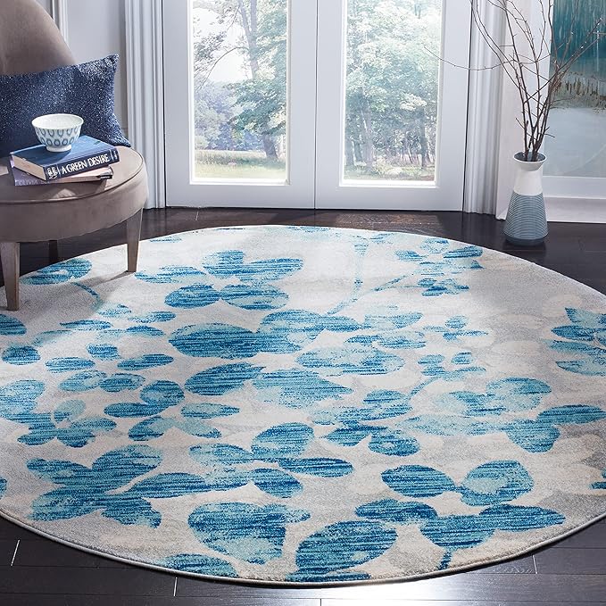 SAFAVIEH Evoke Collection 6'7" Round Grey/Light Blue EVK236J Floral Non-Shedding Dining Room Entryway Foyer Living Room Bedroom Area Rug