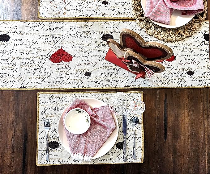 Tache Romantic Cursive Handwritten Love Letter Valentine Hearts Beige Table Runner - Vintage Farmhouse Woven Tapestry Kitchen Dining Dinner Linen Napery Cloth - 13 x 54 inches