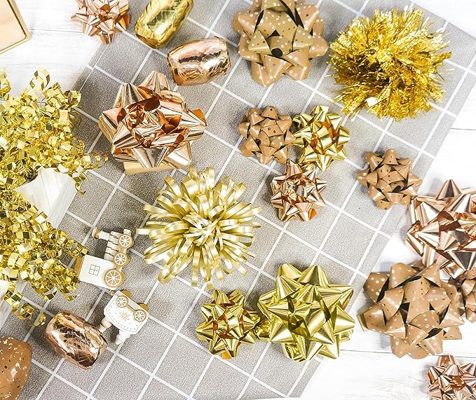 CT CRAFT LLC Gift Bows 22 PCS Set Multi Colored Assorted - Bow x 18 pcs + Kegg Roll x 4 pcs - Gold/Bronze Gold, Holiday Christmas Birthday Party Wrapping