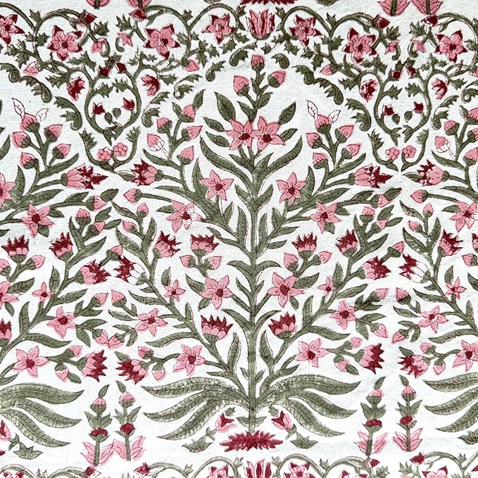 ATOSII Nargis Pink 100% Cotton Round Block Print Summer Tablecloth, Floral Table Cloth Linen for Dining Parties Weddings Outdoors Holidays I 90" Inches Round, 6 Seater I Grandmillennial Farmhouse Boho