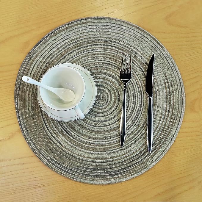 Youyi Better Lifes Round Braided Placemats Set of 6 Colorful Washable Durable Placemats Non-Slip 15 Inch Ivory-Linen Woven Table Mats for Dining Tables Holiday Party Decoration