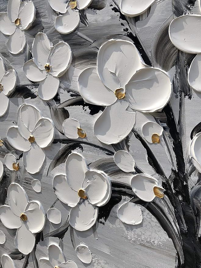 Yihui Arts 3D White Flower Canvas Wall Art Hand Painted Grey Paintings Vertical Artwork for Living Room Bedroom Hallway Decoration