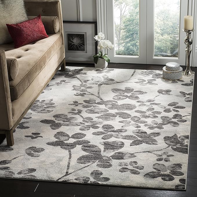 SAFAVIEH Evoke Collection 3' x 5' Grey/Black EVK236R Floral Non-Shedding Living Room Bedroom Accent Rug