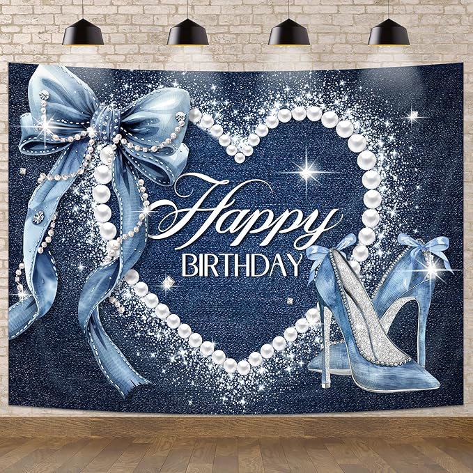Denim and Diamonds Bow Backdrop 8Wx6H Photography Blue Coquette Silver High Heels Happy Birthday Banner for Women Girls Background Pearl Party Decorations Banner Photo Booth Props Supplies