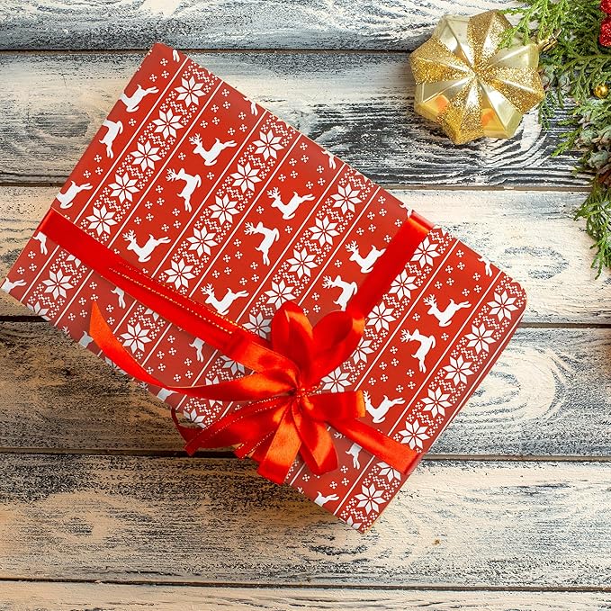 Hexablenzio Christmas Wrapping Paper Bulk Set of 4 Rolls (93 sq. ft. ttl) Santa Claus, Reindeer, Christmas Tree, Snowman Patterns for Holiday Gift Wrap - 17 inches x 16.5 feet Per Roll