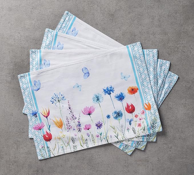 Maison d' Hermine Placemats Set of 4 100% Cotton Washable Cloth Place Mats, Reusable Table Mats for Kitchen Dining Decoration, Party, Restaurant Spring/Summer (Happy Florals - High Summer, 13" x 19")