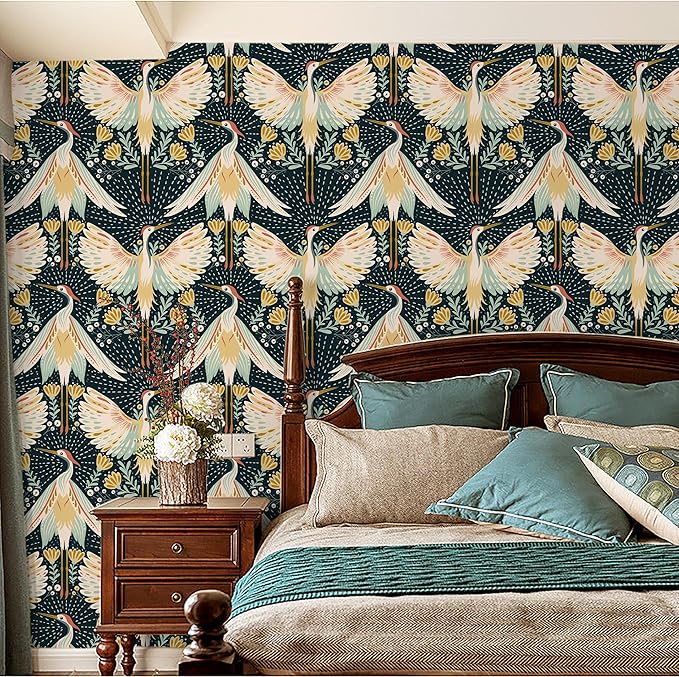 HAOKHOME Crane Wallpaper Peel and Stick Boho Floral Bird Dots Wall Paper Japanese Chinoiserie Dark Green/Beige/Yellow Accent Wall Decor 17.3in x 9.8ft