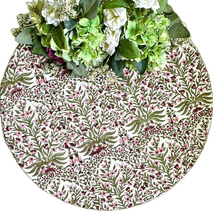 ATOSII Nargis Pink 100% Cotton Round Block Print Summer Tablecloth, Floral Table Cloth Linen for Dining Parties Weddings Outdoors Holidays I 90" Inches Round, 6 Seater I Grandmillennial Farmhouse Boho