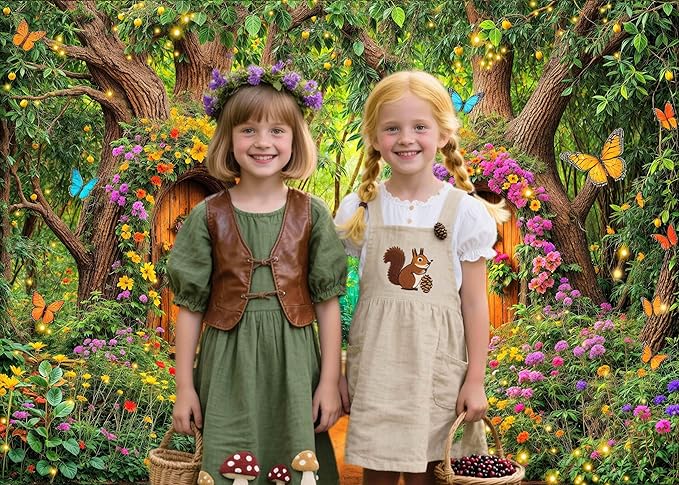 7X5ft Enchanted Forest Backdrop Fairy Tale Green Garden Wonderland Tree House Floral Butterfly Background for Kids Girl Baby Shower Birthday Party Decoration Banner Cake Table Photo Booth Props
