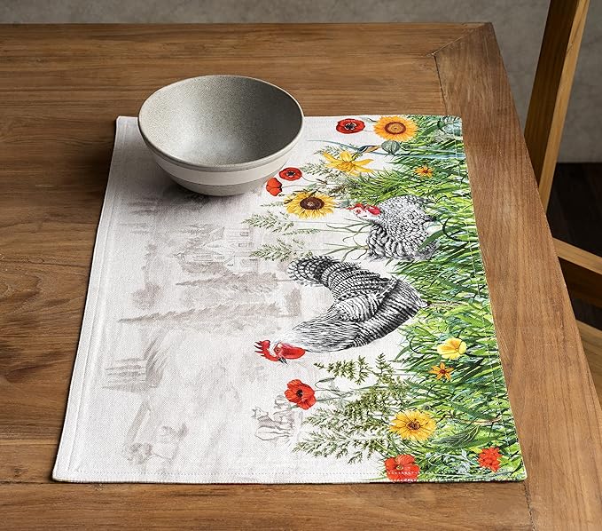 Maison d' Hermine Placemats Set of 4 100% Cotton Washable Cloth Place Mats, Reusable Table Mats for Kitchen Dining Decoration, Party, Wedding, Restaurant Spring/Summer (Basse Cour, 13" x 19")