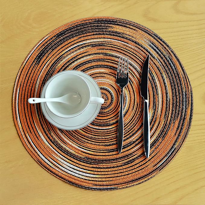 Youyi Better Lifes Halloween Round Braided Placemats Set of 6 Colorful Washable Durable Placemats Non-Slip 15 Inch Black-Orange Woven Table Mats for Dining Tables Holiday Party Decoration