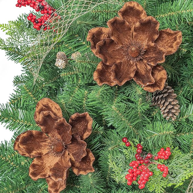 KI Store Brown Velvet Magnolia Flowers Pack of 6 Oversize Artificial Christmas Poinsettia Floral Picks Stems for Xmas Tree Wedding Centerpiece Decorations